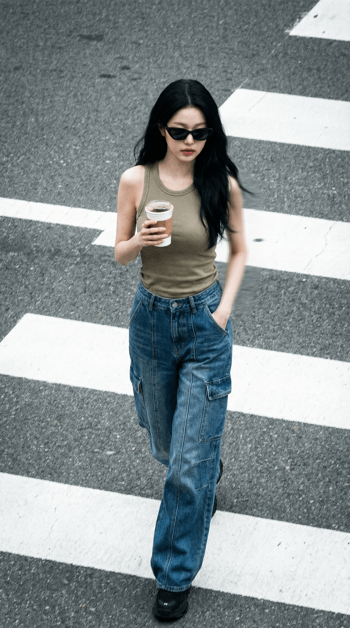 Fashionable young woman with coffee wearing casual attire crosses street in urban setting.
